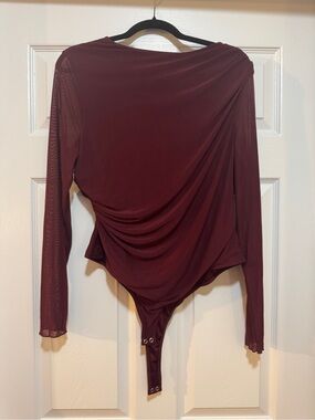 Primary Burgundy Long-Sleeve Mesh Draped Bodysuit
